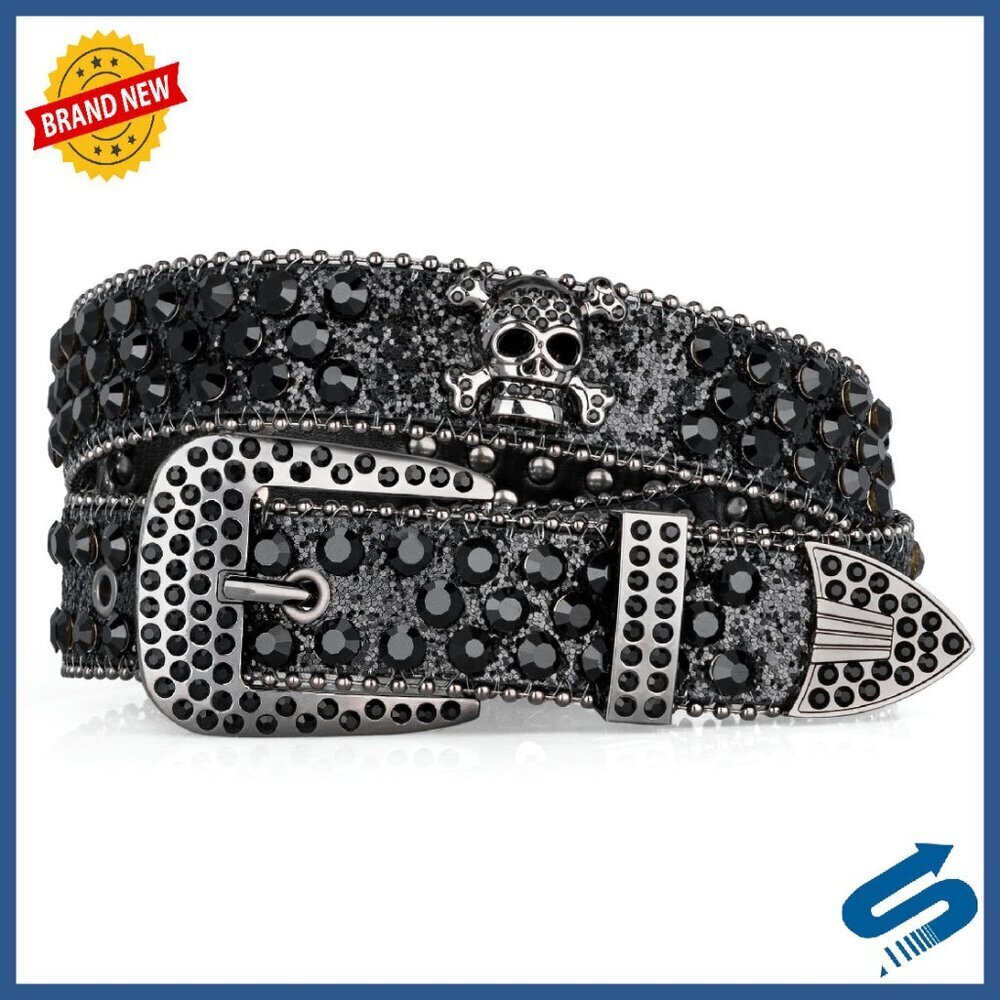 Rhinestone Studded Skull Belt Western Style Faux Leather 1.3" Width